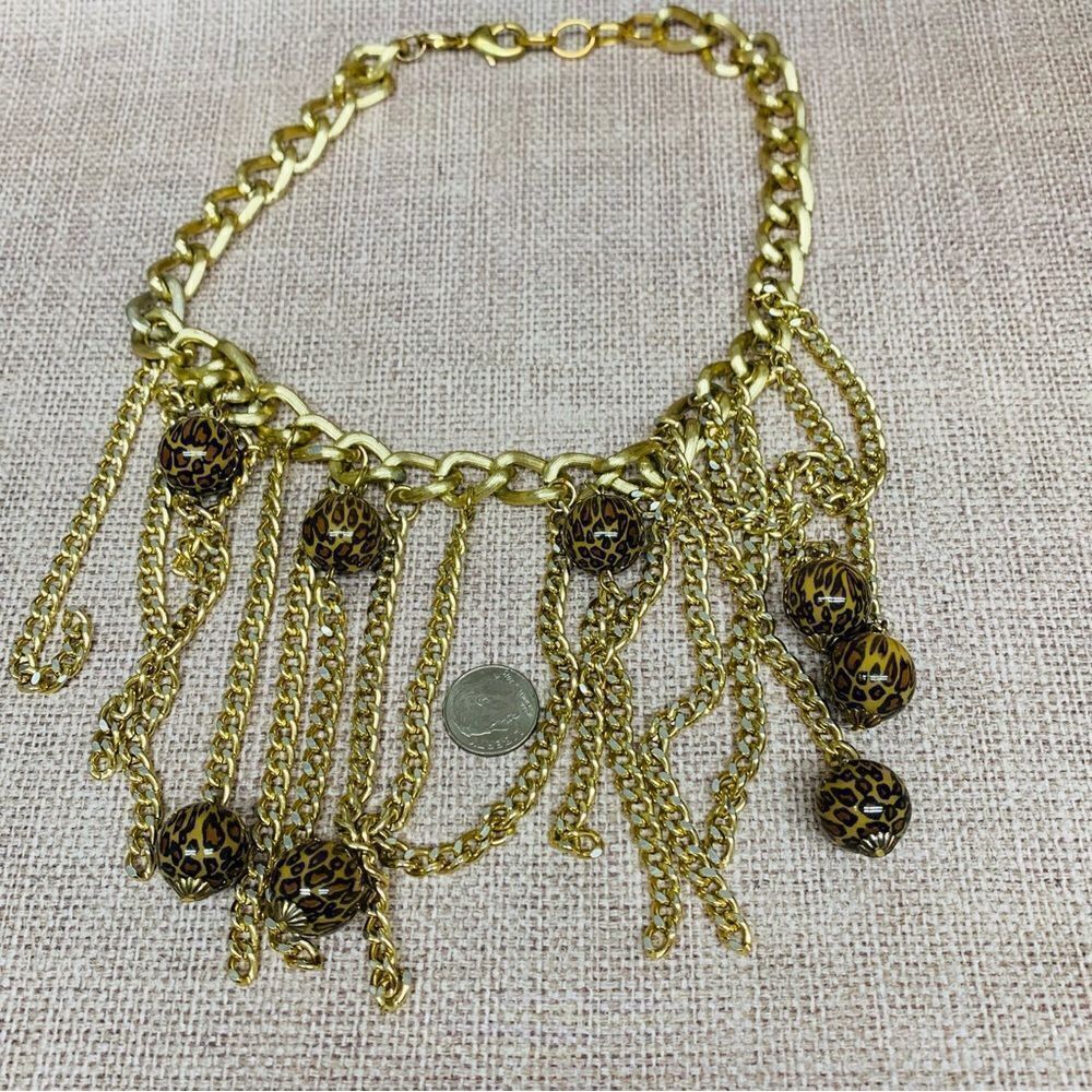 Gold Animal Print Beaded Chain Fringe Necklace